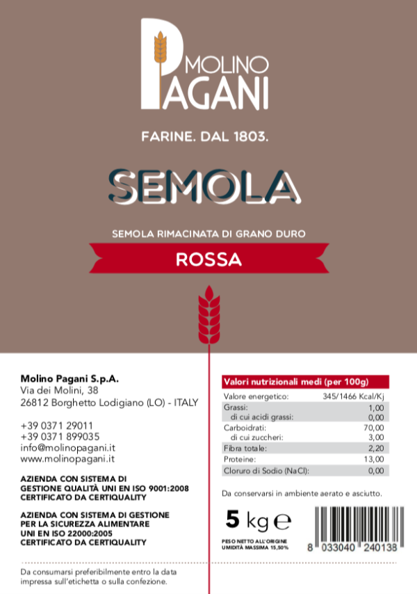 Semola rimacinata rossa di grano duro 5 Kg